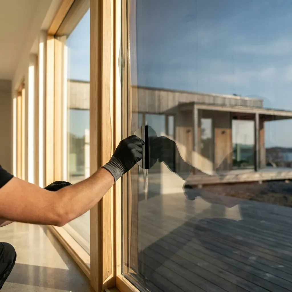 Solfilm monteras på fönster i en villa
