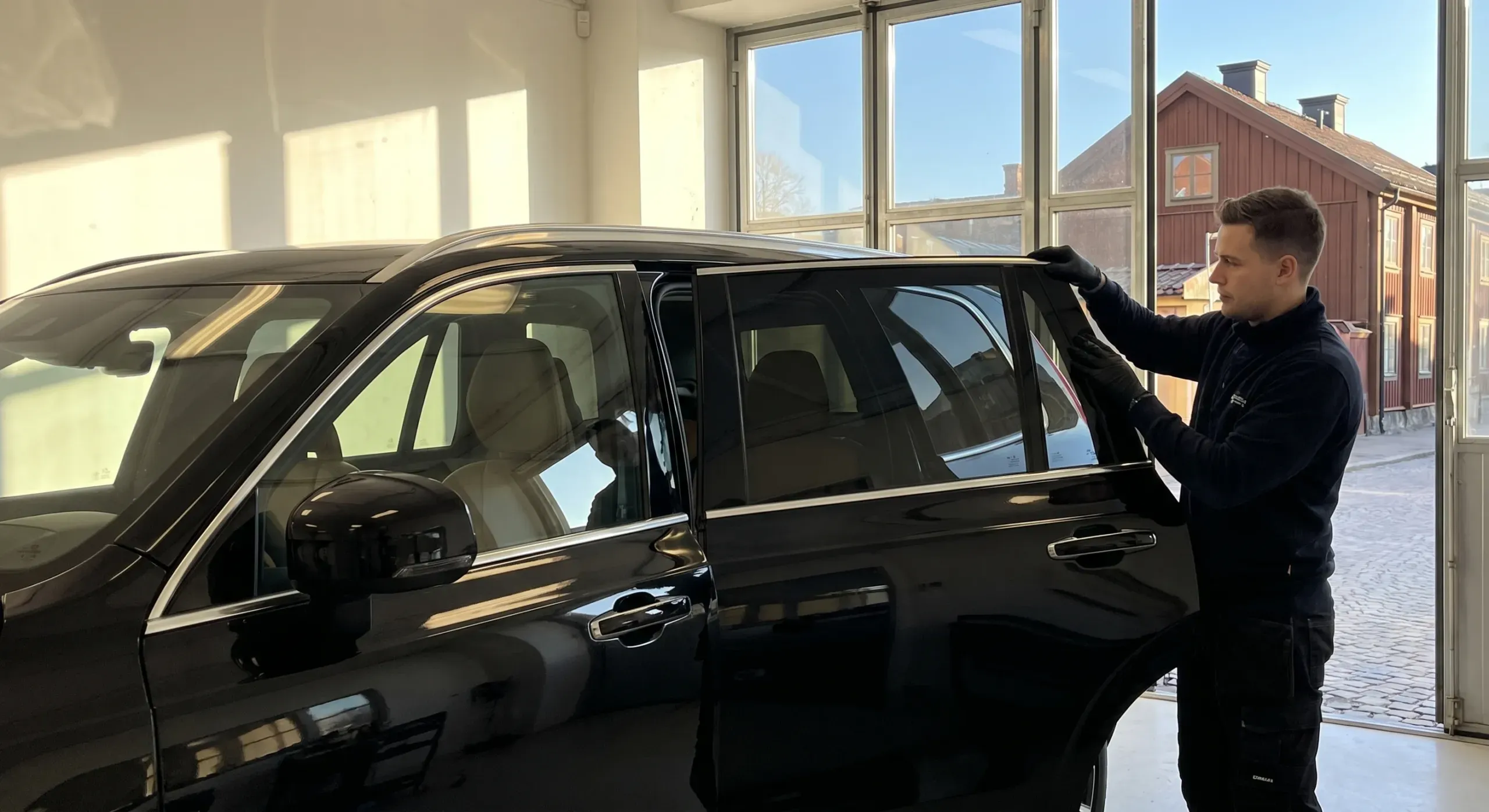 Professionell hantverkarbil med tonade rutor parkerad på gata i Haninge