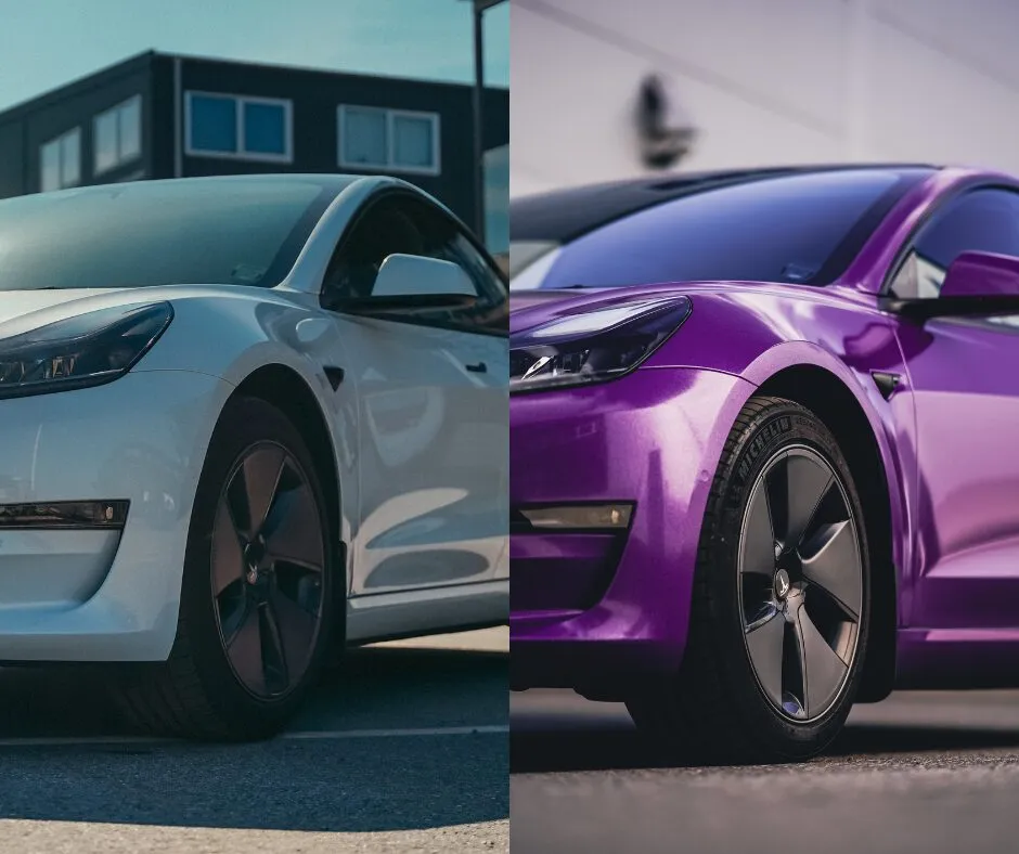 Före och efter: vit Tesla Model 3 folierad i blank lila
