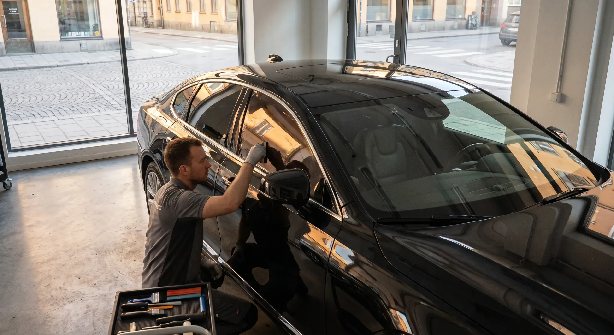 Installatör applicerar mörk solfilm på bilruta i välutrustat verkstad
