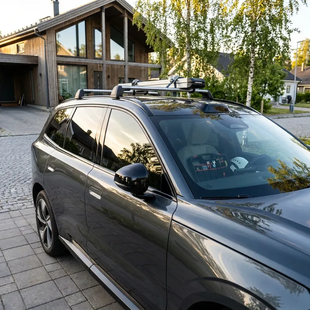 Professionell hantverkarbil parkerad på solig svensk förortsväg med keramiska fönster.