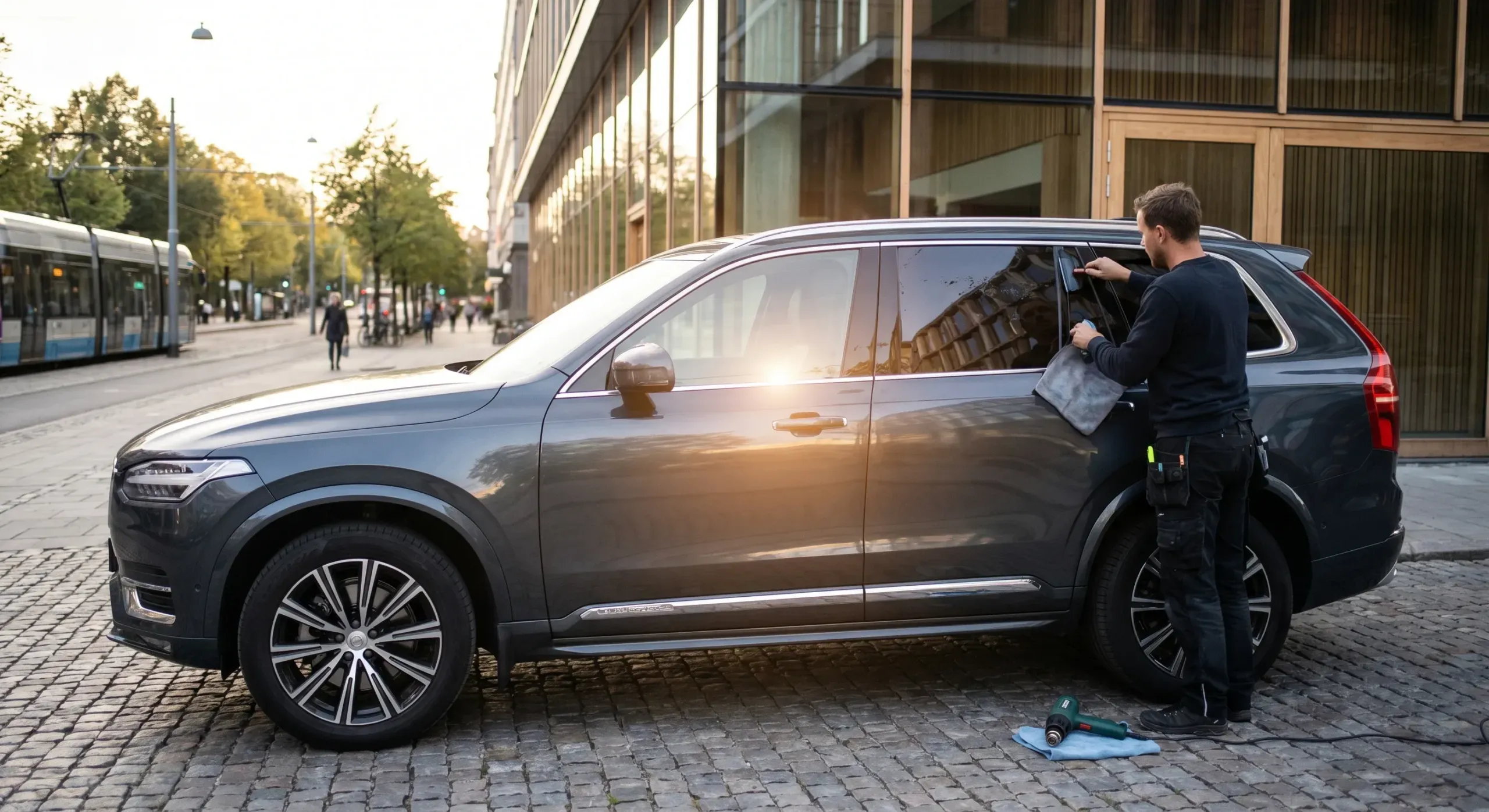 Professionell montering av mörk solfilm på bil i Stockholm-miljö