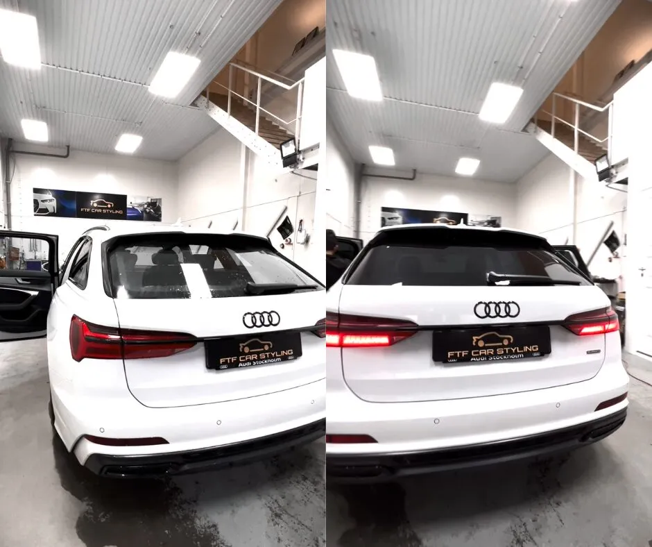 Före och efter: vit Audi bakifrån, utan och med tonad bakruta
