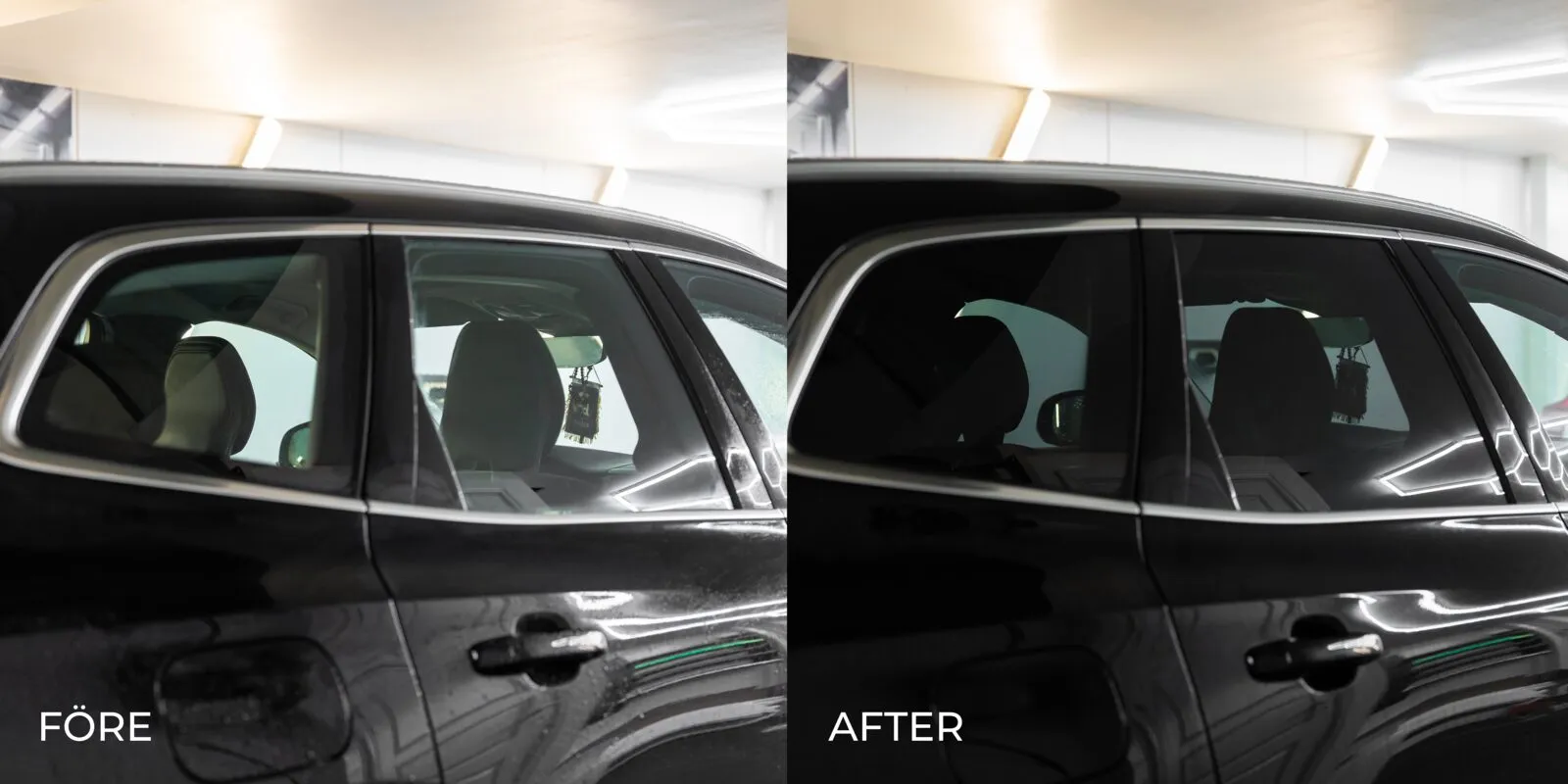 Före och efter: en svart bils sidorutor, utan och med solfilm