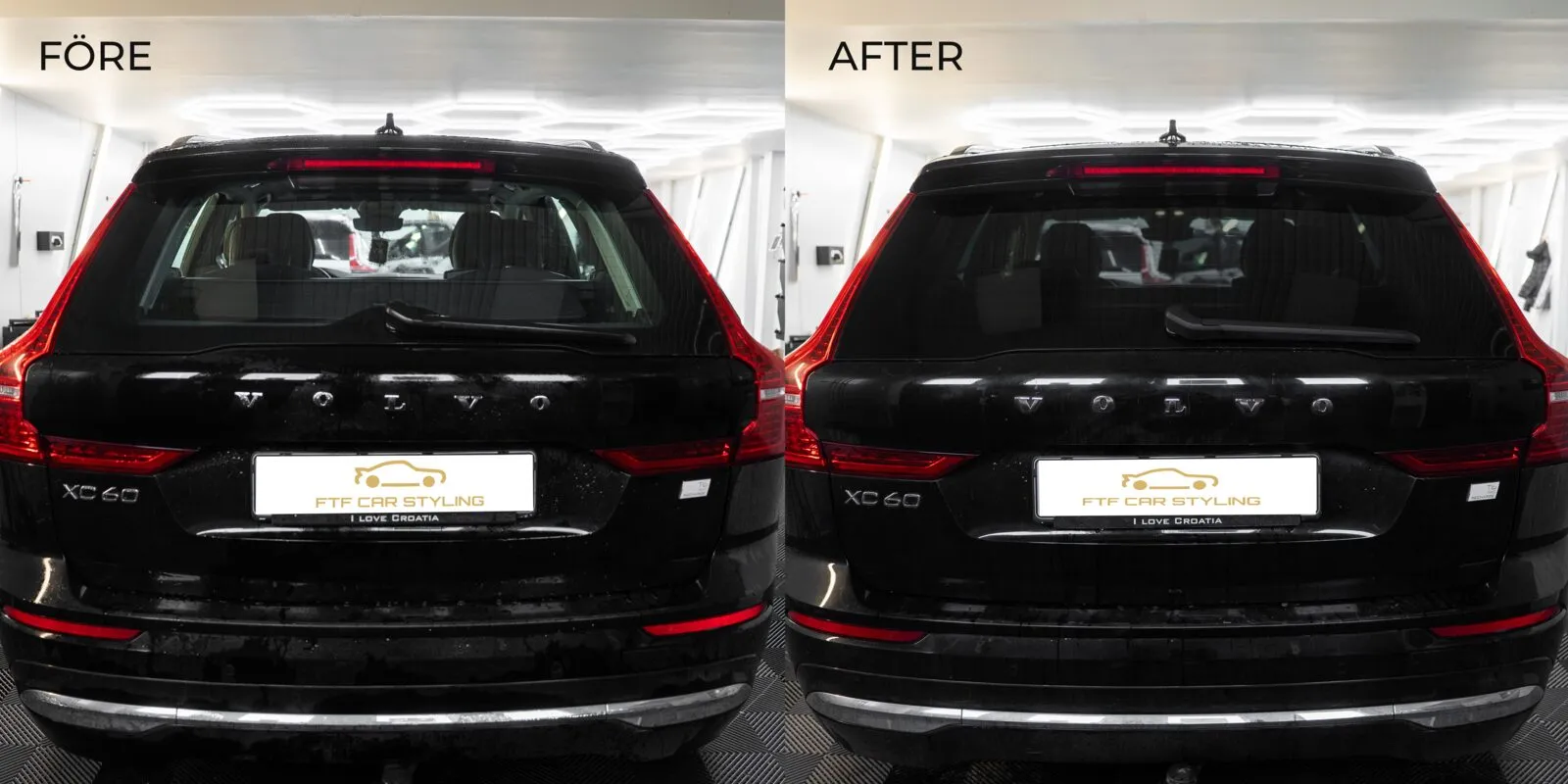 Före och efter: Volvo XC60 bakifrån, utan och med tonade rutor