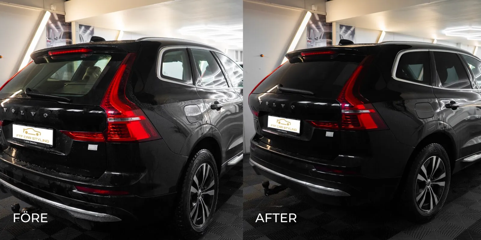 Före och efter: Volvo XC60 snett bakifrån, utan och med tonade rutor