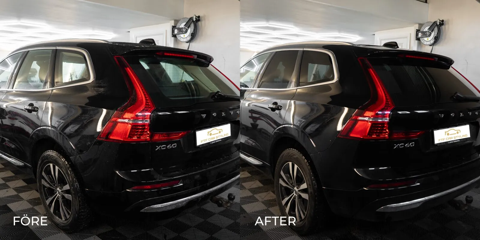 Före och efter: Volvo XC60 snett bakifrån i studion, utan och med tonade rutor