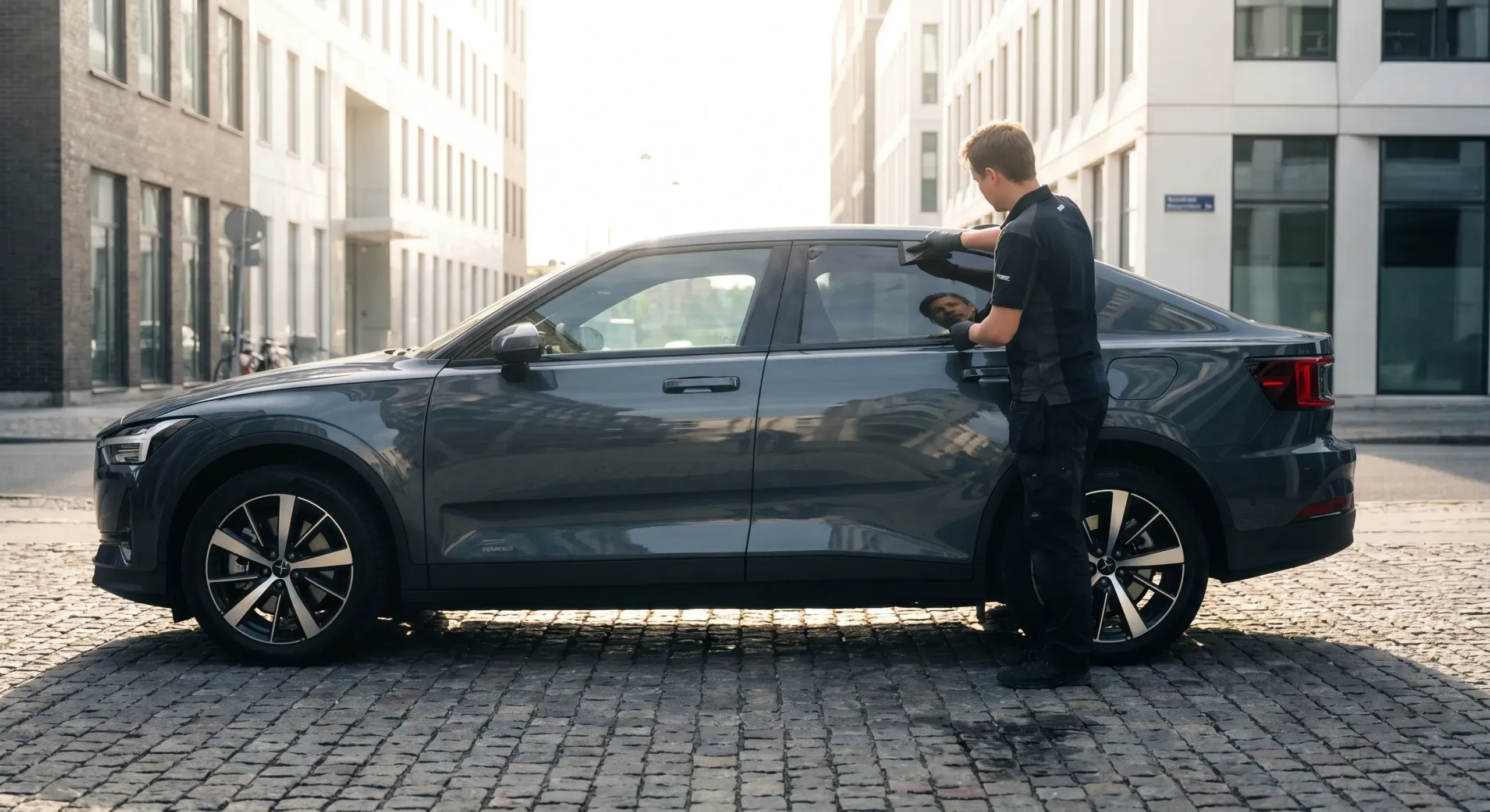 Tekniker applicerar solfilm på bilruta i starkt solsken utomhus.