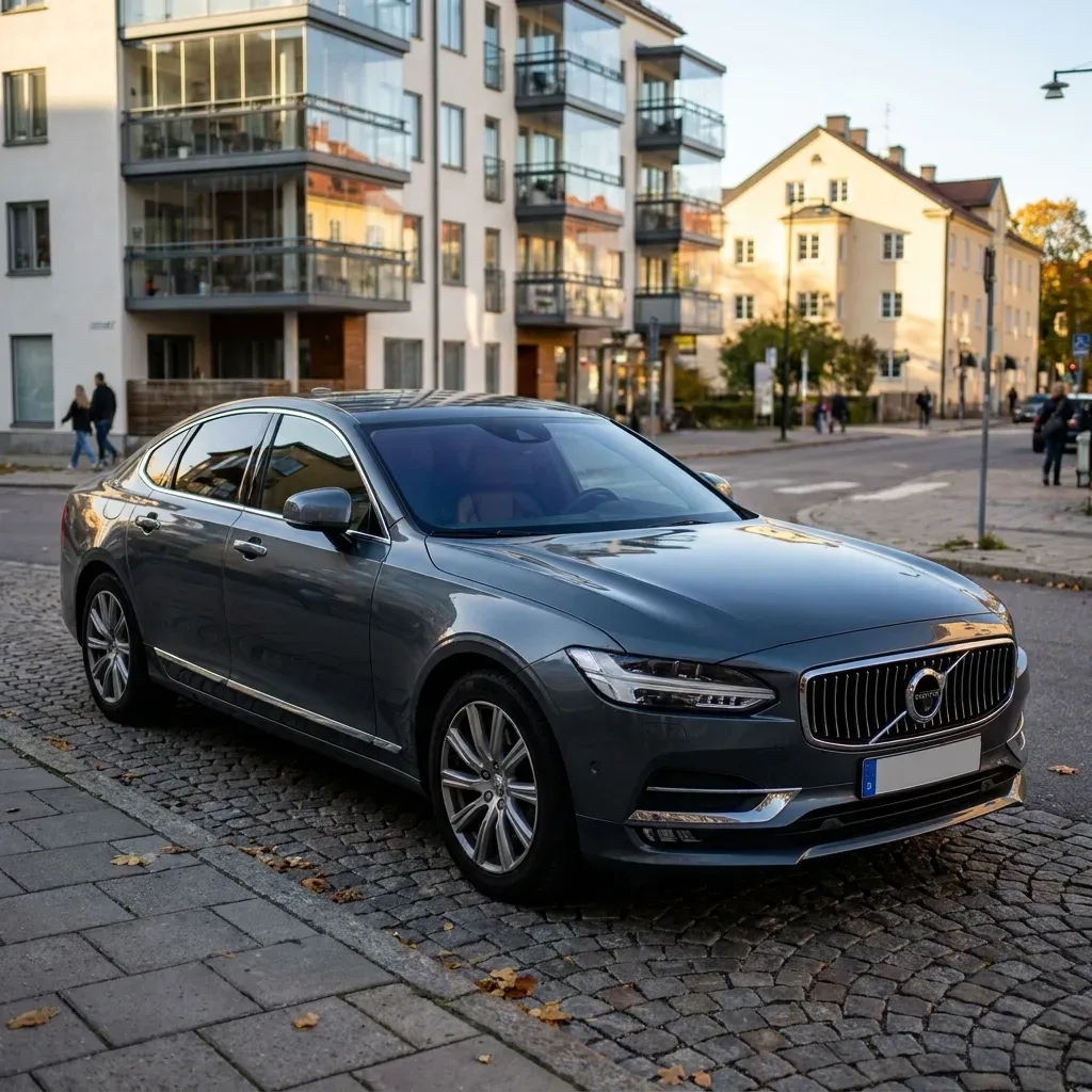 Elegant modern bil med tonade rutor parkerad i soligt Farsta-gata