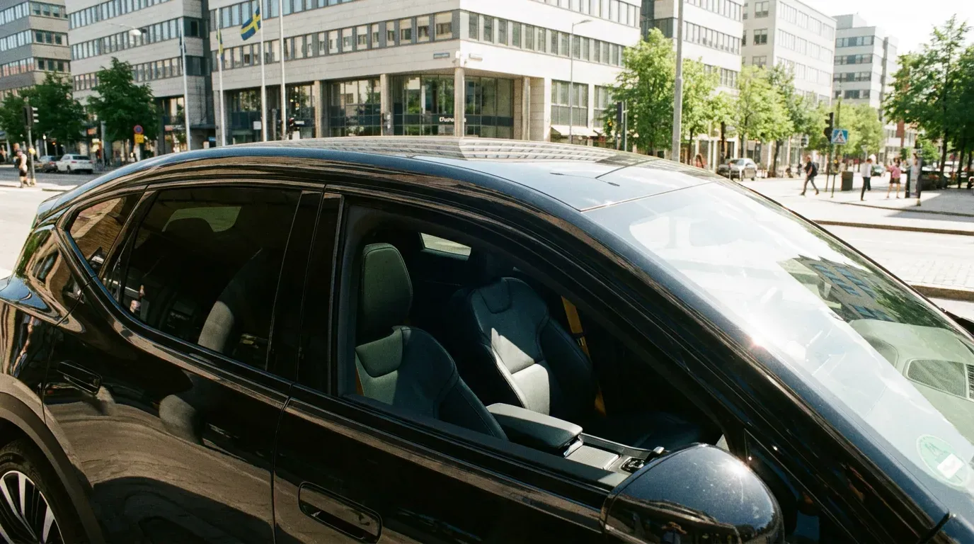 Modern bil med tonade rutor parkerad på solig gata i Kista