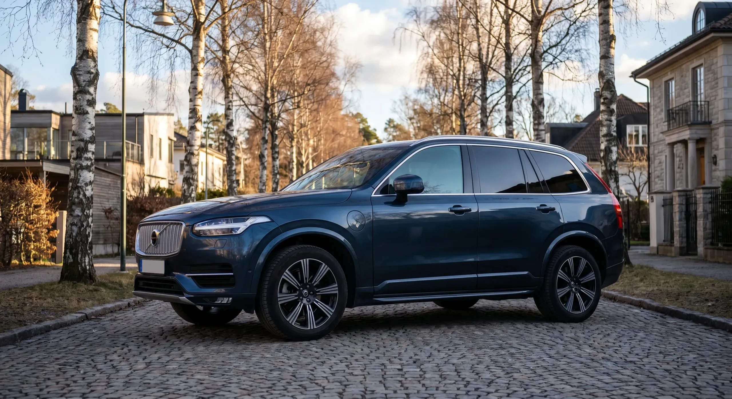 Lyxig svart SUV med tonade rutor parkerad på solig allé