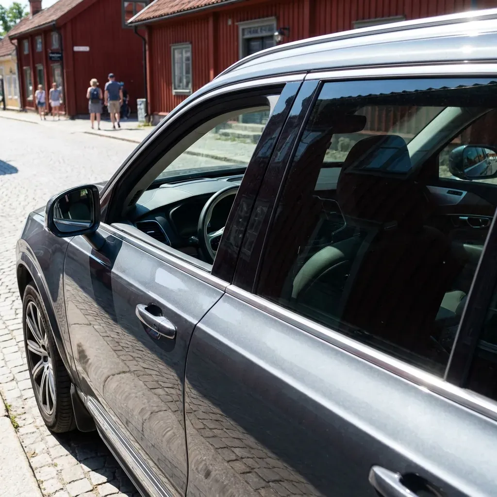 Elegant modern bil med mörkt tonat glas parkerad i soligt Sigtuna