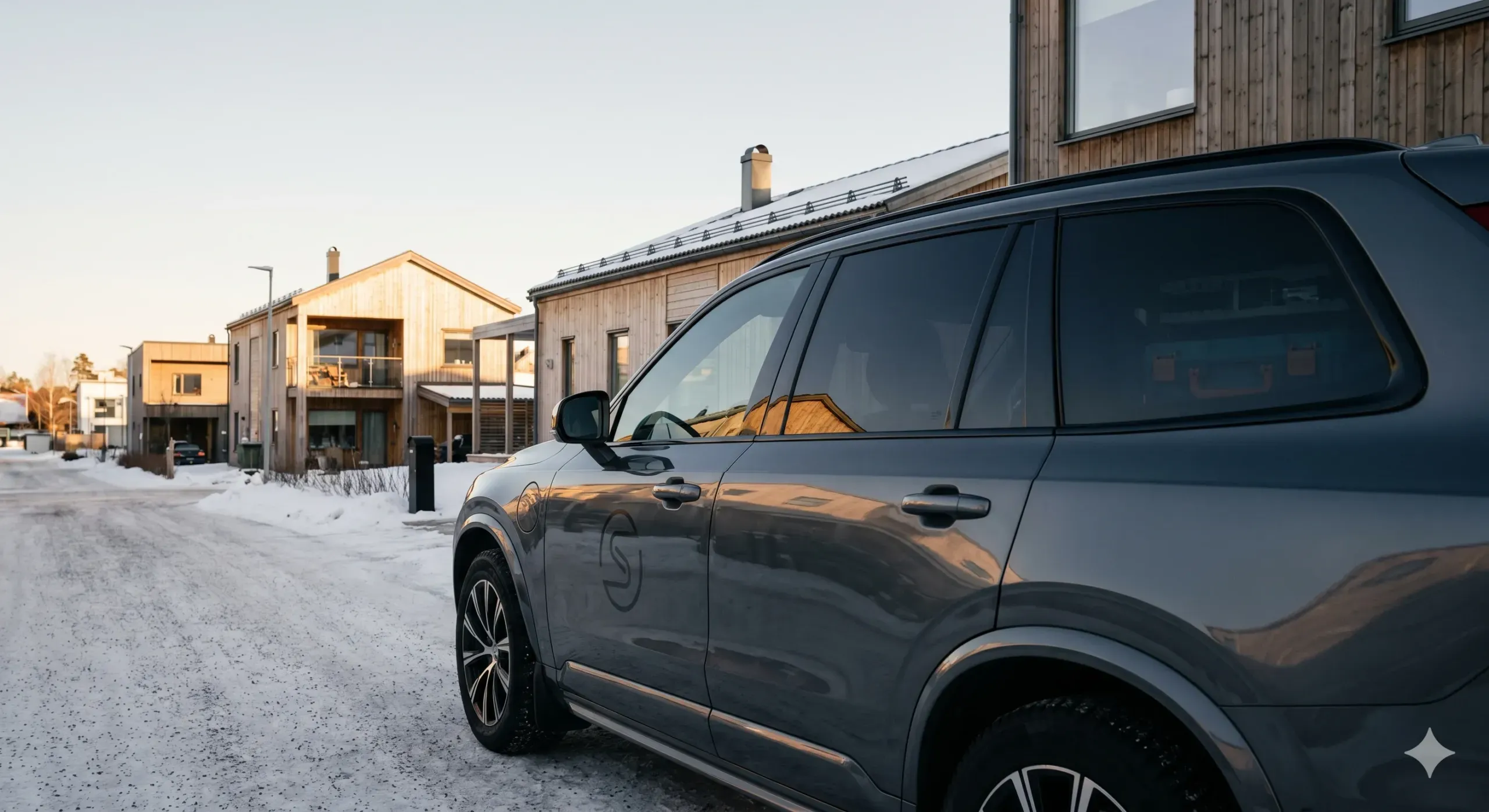 Yrkesfordon med tonade rutor och företagslogga parkerat i villaområde