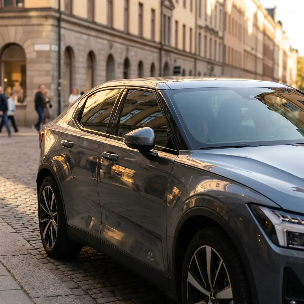 Elegant modern bil med tonade rutor parkerad på solig Stockholmsgata